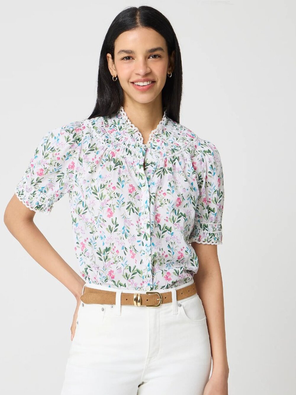 NWOT J. CREW FACTORY short sleeve floral smocked top (XS)